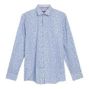 SOUL OF LONDON Large Blue Ditsy Leaf Print Slim Fit Shirt